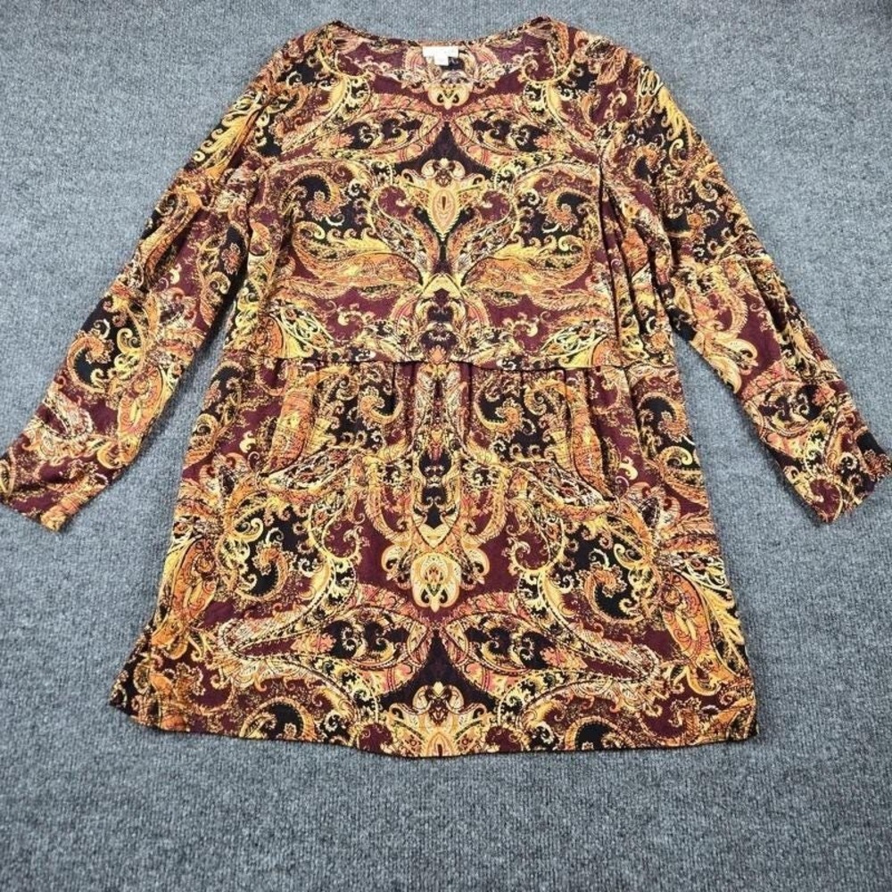 J.Jill Paisley Tunic Blouse Women's Medium Burgundy Boho Long Sleeve